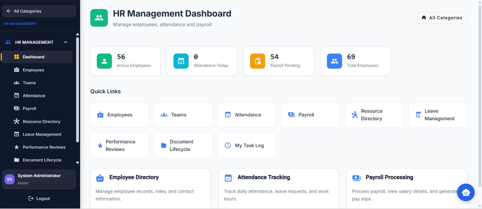 Soltrivex HR Management Dashboard showing employees, attendance, payroll, and team management
